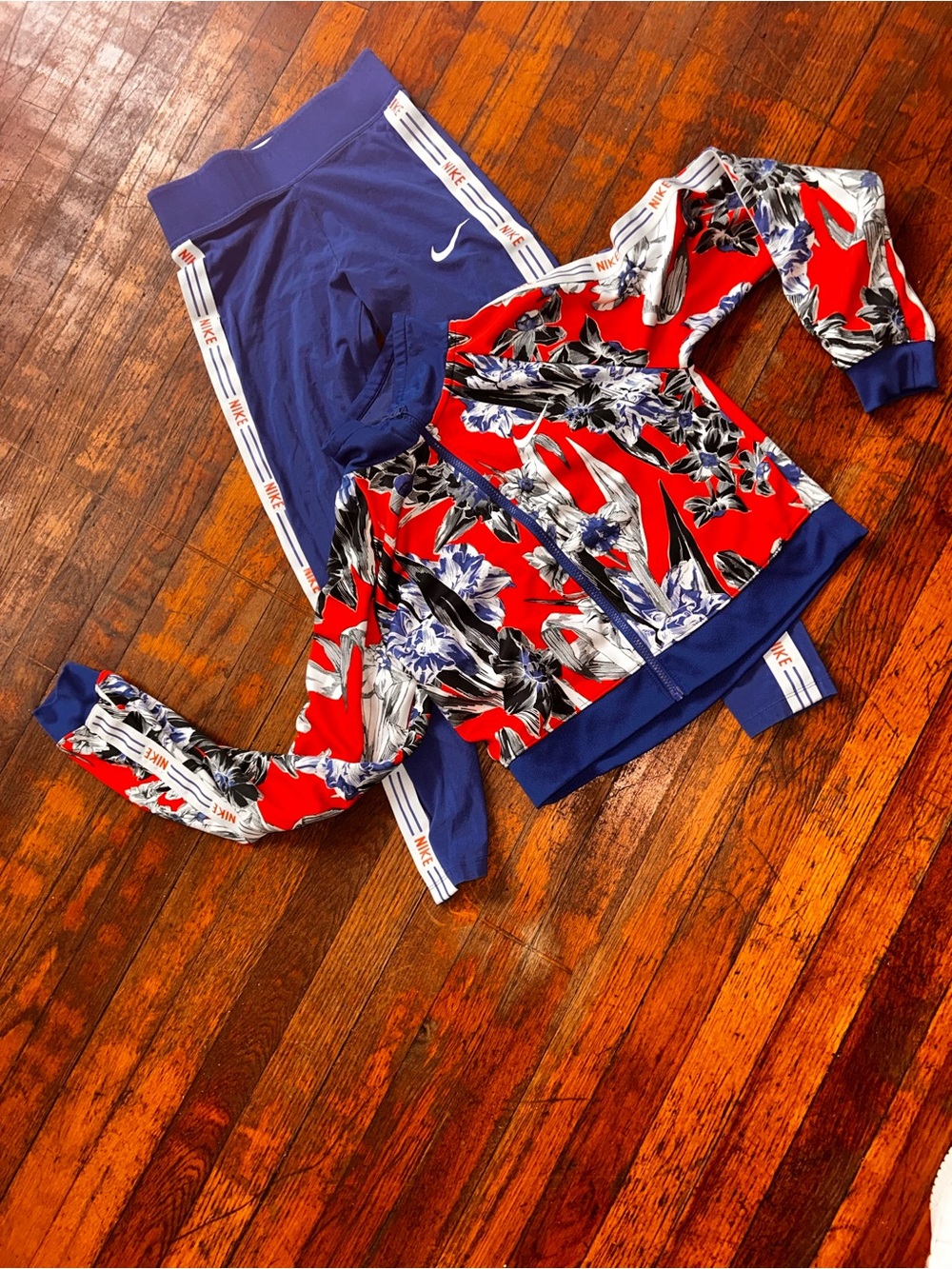 Nike Red Floral Zip Jacket with Blue Track Pants